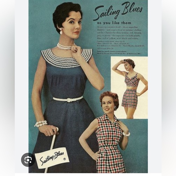Original Vintage 1956 Sailing Blues Dress linen ribbon detail Sz 8 flawless RARE - Picture 6 of 10